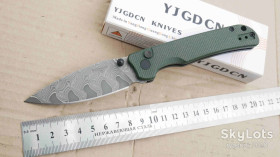Ножі, мультітули Ножи, мультитулы ^/--/^ YJGDCN CN /--/ 009, Damascus, Micarta Green, RIHE Design, Ball Bearing, Outdoor, EDC, Button Lock ^_^^^ GDCN CN /--/ 009, Damascus, Micarta Green, RIHE Design, Ball Bearing, Outdoor, EDC, Button Lock - фото фото фото