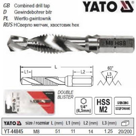Інші інструменти Другие инструменты ^/--/^ Сверло метчик YATO М /--/ 8 /--/ х /--/ 1.25 мм HSS М /--/ 2 HEX-1/4 l /--/ 51/11 мм YT-44845 ^_^^^ YATO М /--/ 8 /--/ х /--/ 1.25 мм HSS М /--/ 2 HEX-1/4&amp;quot; l /--/ 51/11 мм YT-44845 - фото фото фото