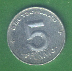 НДР, ФРН ГДР, ФРГ ^/--/^ Германия - ГДР 5 пфеннигов, 1953 г. Отметка монетного двора: &amp;quot;E&amp;quot; - Мульденхюттен ^_^^^ Німеччина - НДР 5 пфенігів, 1953 р. Позначка монетного двору: &amp;quot;E&amp;quot; - Мульденхюттен - фото фото фото