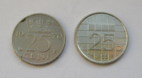 Нідерланди Нидерланды ^/--/^ 25 центов  1970 и 1985 гг.  Нидерланды  ^_^^^ 25 центів 1970 і 1985 рр. Нідерланди - фото фото фото