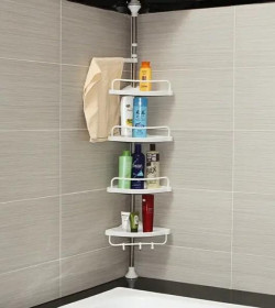 Полиці Полки ^/--/^ Кутова полиця-стійка Corner Shelf — 4 полиці, розпірний механізм, тримачі для рушників та гачки, біла ^_^^^ Угловая полка-устойчивая Corner Shelf — 4 полка, распорный механизм, держатели для полотенций и крючки, белая - фото фото фото