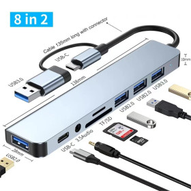 Концентратори, хаби Концентраторы, хабы ^/--/^ Мультифункціональний USB-хаб 8 в 1 універсальний адаптер концентратор з входом Type-C кардрідер PD+USB-C+SD+TF+аудіо ^_^^^ Мультифункциональный USB-хаб 8 в 1 универсальный адаптер концентратор с входом Type-C кардридер HDMI+PD+USB-C+SD+TF+аудио - фото фото фото