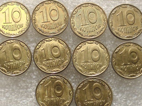 Обігові Обиходные ^/--/^ 10 копійок 2014 рік Україна &amp;quot; Штемпельний Блиск 10 штук одним лотом &amp;quot;   (7...) ^_^^^ 10 копеек 2014 года Украина &amp;quot; Штемпельный Ближний 10 штук одним лотом &amp;quot; (7...) - фото фото фото