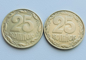 Обігові Обиходные ^/--/^ 25 копійок 1994 р. 1 /--/ ААк + 1 /--/ ААд ^_^^^ 25 копеек 1994 г. 1 /--/ ААк + 1 /--/ ААд - фото фото фото