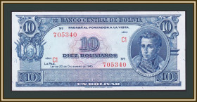 Болівія Боливия ^/--/^ Боливия 10 боливиано 1945  (1952) P-139  (139 /--/ r) UNC ^_^^^ Болівія 10 Болівіано 1945 (1952) P-139 (139 /--/ r) UNC - фото фото фото