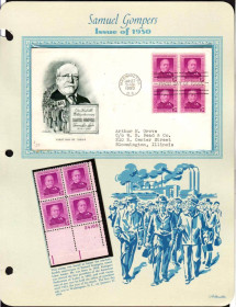 Північна Америка Северная Америка ^/--/^ США 1950  г - квартблок MNH + КПД  ХМК с квартблоком  -  Сэмюэл Гомперс , лидер рабочего движения ^_^^^ США 1950 р - квартблок MNH + ККД ХМК з квартблоком - Семюел Гомперс, лідер робочого руху - фото фото фото
