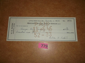Чеки Чеки ^/--/^ Чек 1946 р Merchants Banc of Bangor , Великобританія № 779 ^_^^^ Чек 1946 г. Merchants Banc of Bangor, Великобритания No 779 - фото фото фото
