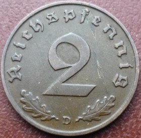 Германія (-) Германия (-) ^/--/^ Германия 2 рейхспфеннига 1938 D  11/50 /--/ г /--/ 03 ^_^^^ Німеччина 2 рейхспфенніга 1938 D 11/50 /--/ г /--/ 03 - фото фото фото