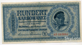 Місцеві випуски Местные выпуски ^/--/^ 100 карбованців 1942. Рівне. ^_^^^ 100 рублей 1942 года. Ровно. - фото фото фото