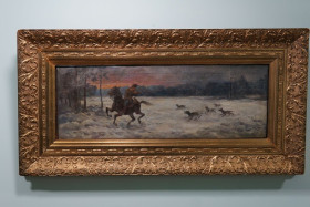 Картини, Гравюри, Живопис та Графіка Картины, Гравюры, Живопись и Графика ^/--/^ Картина в раме подписная старинная охота погоня всадник отбиваетя от стаи волков, холст масло №27 ^_^^^ Картина в рамі підписне старовинне полювання гонитва вершник відбиваючи від зграї вовків, полотно олія No /--/ 27 - фото фото фото