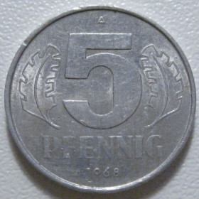 НДР, ФРН ГДР, ФРГ ^/--/^ Німеччина - НДР 5 пфенігів 1968 року 43336 ^_^^^ Германия - ГДР 5 пфеннигов 1968 года 43336 - фото фото фото