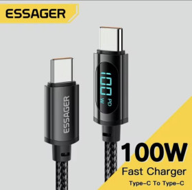 Зарядні пристрої Зарядные устройства ^/--/^ Провід Essager USB Type-C  Type-C 100 /--/ W PD з дисплеєм, 1 /--/ м, швидка зарядка (Чорний) ^_^^^ Провод Essager USB Type-C Type-C 100 /--/ W PD с дисплеем, 1 /--/ м, быстрая зарядка (Черный) - фото фото фото