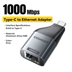 Адаптери Адаптеры ^/--/^ Essager Type-C → RJ /--/ 45 Ethernet адаптера 1000 Мбіт/с ^_^^^ Кабель USB 4.0 Type-C — 240 Вт PD, 40 Gbps, 8 /--/ K 60 Hz - фото фото фото