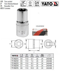 Викрутки Отвертки ^/--/^ Головка торцевая 1/4 Е /--/ 8 l-25 мм CrV ТОRХ YATO YT-05215 ^_^^^ Головка торцева 1/4&amp;quot; Е /--/ 8 l-25 мм CrV ТОRХ Польща YATO YT-05215 - фото фото фото