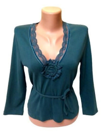 Кофти Кофты ^/--/^ М-2 /--/ XL Изумрудный женский лонгслив, футболка с кружевами и брошью, с рукавом три четверти, Турция ^_^^^ Смарагдовий лонгслив, футболка з мережами і брошу, Туреччина ручна робота. - фото фото фото