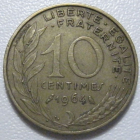 Франція Франция ^/--/^ Франція 10 сантимів 1964 року 1331 ^_^^^ Франция 10 сантимов 1964 года 1331 - фото фото фото