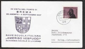 Європа Европа ^/--/^ Германия 1967 КОРАБЕЛЬНОЕ ГАШЕНИЕ КОРАБЛЬ СУДНО AMERIGO VESPUCCI ФЛОТ МОРСКОЙ ТРАНСПОРТ ПОЧТА ^_^^^ Німеччина 1967 КОРОБЕЛЬНЕ ГАШЕННЯ КОРАБЛЬ СУДНО AMERIGO VESPUCCI ФЛОТ МОРСЬКИЙ ТРАНСПОРТ ПОШТА - фото фото фото