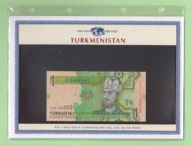 Туркменістан Туркменистан ^/--/^ ТУРКМЕНИСТАН банкнота 1 манат UNC из серии «Das Geld Der Welt» + сертификат + альбомный лист ^_^^^ Туркменістан банкнота 1 манат UNC з серії «Das Geld Der Welt» + сертифікат + альбомний лист - фото фото фото