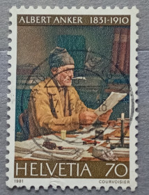Мистецтво Искусство ^/--/^ Швейцария 1981 г - 150-летие со дня рождения Альберта Анкера  (1831–1910). «Сельский писарь», гаш ^_^^^ Швейцарія 1981 р - 150-річчя від дня народження Альберта Анкера (1831-1910). «Сільський писар», гаш - фото фото фото