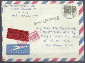 НДР, ФРН ГДР, ФРГ ^/--/^ ГДР 1989 памятник в Трептов парке Экспресс Авиа Доплата на письме во Вьетнам 31.1.89 ^_^^^ НДР 1989 пам'ятник в Трептів парку Експрес Авіа Доплата на листі до В'єтнаму 31.1.89 - фото фото фото