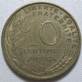 Франція Франция ^/--/^ Франція 10 сантимів 1969 року 43488 ^_^^^ Франция 10 сантимов 1969 года 43488 - фото фото фото