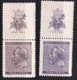 Історія та особистості История и личности ^/--/^ Богемия Моравия  1941 г MNH - п/с - 100 лет композитору Антонину  Дворжаку - купон ^_^^^ Богемія Моравія 1941 р MNH - п/с - 100 років композитору Антоніну Дворжаку - купон - фото фото фото