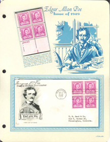 Північна Америка Северная Америка ^/--/^ США 1949  г - квартблок MNH +  КПД  ХМК  с квартблоком - Эдгар Аллан По , писатель ^_^^^ США 1949 р - квартблок MNH + ККД ХМК з квартблоком - Едгар Аллан По, письменник - фото фото фото