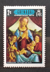 Мистецтво Искусство ^/--/^ Гренада 1973 г - Рождество. Богородица с младенцем Верроккьо ^_^^^ Гренада 1973 — Різдво. Богородиця з немовлям Верроккьо - фото фото фото