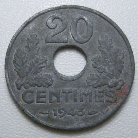 Франція Франция ^/--/^ Франція 20 сантимів 1943 року 42037 ^_^^^ Франция 20 сантимов 1943 года 42037 - фото фото фото