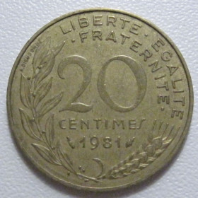 Франція Франция ^/--/^ Франція 20 сантимів 1981 року 43601 ^_^^^ Франция 20 сантимов 1981 года 43601 - фото фото фото
