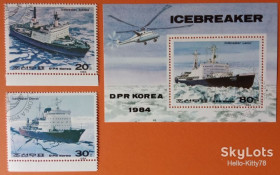 КНДР КНДР ^/--/^ КНДР 1984 флот корабли ледоколы СССР Mi 2526-2527 + блок 191 ^_^^^ КНДР 1984 флот кораблі криголам СРСР Mi 2526-2527 + блок 191 - фото фото фото