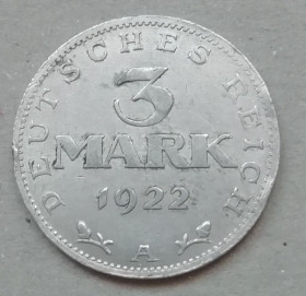 Інше Другое ^/--/^ Германия  3 марок 1922   Монетный двор А  (Берлин) ^_^^^ Німеччина 3 марок 1922 Монетний двір А (Берлін) - фото фото фото
