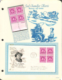 Північна Америка Северная Америка ^/--/^ США 1948  г - квартблок MNH +  КПД  ХМК  с квартблоком -  Джоэль Ч.  Харрис , писатель , сказочник ^_^^^ США 1948 р - квартблок MNH + ККД ХМК з квартблоком - Джоель Ч. Харріс, письменник, казкар - фото фото фото