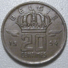 Бельгія Бельгия ^/--/^ Бельгія 20 сантимів 1954 року Belgie 42238 ^_^^^ Бельгия 20 сантимов 1954 года Belgie 42238 - фото фото фото