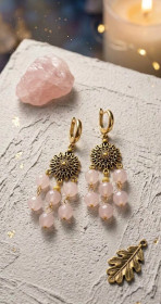 Сережки Серьги ^/--/^ Позолоченные длинные серьги с розовым кварцем, розовый кварц ^_^^^ Позолочені довгі сережки з рожевим кварцем, рожевий кварц - фото фото фото