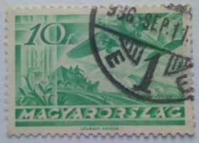 Угорщина Венгрия ^/--/^ Венгрия 1936 Авиапочта, самолет, 10 /--/ F, гашеная ^_^^^ Угорщина 1936 Авіапошта, літак, 10 /--/ F, гашена - фото фото фото