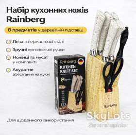 Кухонні ножи, ножниці, точилки Кухонные ножи, ножницы, точилки ^/--/^ Набор ножей для кухни Rainberg RB-2328 Белый с деревянной подставкой, мусатом и ножницами, комплект 8 предметов ^_^^^ Набір ножів для кухні Rainberg RB-2328 Білий з дерев'яною підставкою, мусатом і ножицями, комплект 8 предметів - фото фото фото