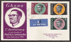 Інші країни Другие страны ^/--/^ Гана 1962 ПАТРИС ЛУМУМБА ПРЕЗИДЕНТ ПОЛИТИЧЕСКИЙ ЛИДЕР ДЕЯТЕЛЬ ЗНАМЕНИТОСТЬ ПОЛИТИКА КПД Mi.124-126 ^_^^^ Гана 1962 ПАТРІС ЛУМУМБА ПРЕЗИДЕНТ ПОЛІТИЧНИЙ ЛІДЕР ДІЯЛЬ ЗНАМЕНІТНІСТЬ ПОЛІТИКА ККД Mi.124-126 - фото фото фото