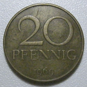 НДР, ФРН ГДР, ФРГ ^/--/^ Німеччина - НДР 20 пфенігів 1969 року 43390 ^_^^^ Германия - ГДР 20 пфеннигов 1969 года 43390 - фото фото фото