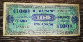 Франція Франция ^/--/^ FRANCE Союзницька окупація Франції 100 франків 1944 2-й випуск, без прапора. Блок 4. №...888... ^_^^^ FRANCE Союзническая оккупация Франции 100 франков 1944 2-й выпуск, без флага. Блок 4. No...888... - фото фото фото