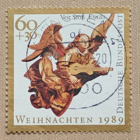 Мистецтво Искусство ^/--/^ Германия 1989 г - Рождество. Фейт Штос. Ангел с лютней, гаш ^_^^^ Німеччина 1989 — Різдво. Фейт Штос. Ангел з лютнею, гаш - фото фото фото
