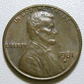 Обігові Обиходные ^/--/^ США 1 цент 1981 року D #40093 ^_^^^ США 1 цент 1981 года D #40093 - фото фото фото