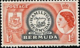 Острівні держави Островные государства ^/--/^ Бермудские о-ва-1953 брит. колонии, Елизавета II, герб, первая марка Бермуд, марка на марке ** ^_^^^ Бермудські о-ва-1953 брит. колонії, Єлизавета II, герб, перша марка Бермуд, марка на марці ** - фото фото фото