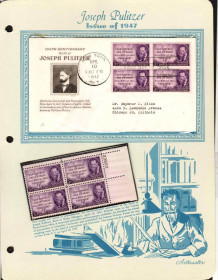 Північна Америка Северная Америка ^/--/^ США 1947  г - квартблок MNH +  КПД  ХМК  с квартблоком - Джозеф Пулитцер  - издатель ^_^^^ США 1947 р. - квартблок MNH + ККД ХМК з квартблоком - Джозеф Пулітцер - видавець - фото фото фото