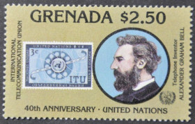 Інше Другое ^/--/^ Гренада 40 лет ООН Марка на Марке Связь ITU UIT Александр Грейам Белл Телефон 1985 ^_^^^ Гренада 40 років ООН Марка на Марку Зв'язок ITU UIT Олександр Грейам Белл Телефон 1985 - фото фото фото