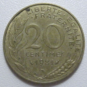Франція Франция ^/--/^ Франція 20 сантимів 1981 року 43602 ^_^^^ Франция 20 сантимов 1981 года 43602 - фото фото фото