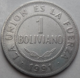 Болівія Боливия ^/--/^ Боливия 1 боливиано 1991 ^_^^^ Болівія 1 Болівіано 1991 - фото фото фото