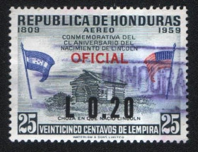 Центральна Америка Центральная Америка ^/--/^ Гондурас  (1964) 150 лет со дня рождения Авраама Линкольна. Официальная марка. Надпечатки ^_^^^ Гондурас (1964) 150 років від дня народження Авраама Лінкольна. Офіційна марка. Надпечатки - фото фото фото