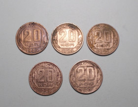 - - ^/--/^ СССР дореформа 20 копеек 1946, 1954, 1955, 1956, 1957 нечищени ^_^^^ СРСР дореформа 20 копійок 1946, 1954, 1955, 1956, 1957 нечищені - фото фото фото