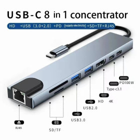 Концентратори, хаби Концентраторы, хабы ^/--/^ USB-C концентратор хаб Type C OEM 8 в 1 USB HUB to HDMI HDTV PD USB C USB 3.0 SD TF RJ /--/ 45 LAN - фото фото фото